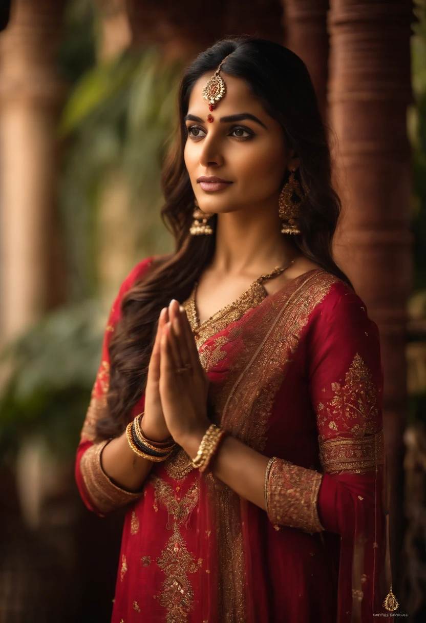 Beautiful ,23 years young girl,confident looking,8k,realistic,dark brown hair,fair skin, indian,long hair,clear facial features,clapping hands,saying namaste,wearing kurta and dupatta