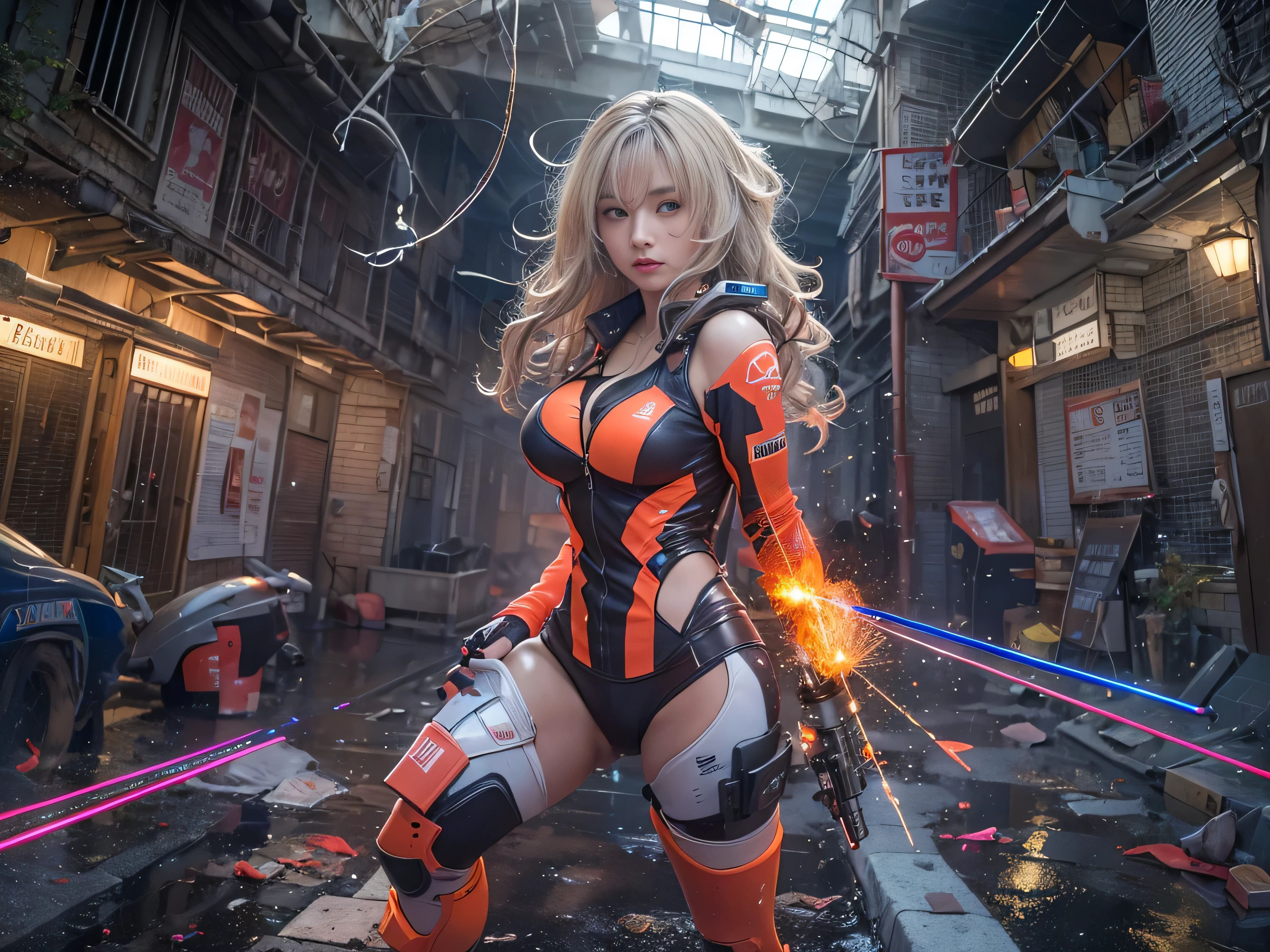 (RAW image quality:1.4)、8K resolution、Ultra-high-definition CG images、best image quality, movie lighting, octane rendering, super sharp, 1 girl, Japanese, troubled face, glowing skin, blonde, Futuristic pilot suit, cleavage, exposure of the abdomen, intricate details, Runaway, running as fast as you can, Breaking through the glass, Shards of flying glass, cyberpunk, Night sky with countless stars twinkling, Shining Milky Way, heavy rain:1.3, Remains, (Laser beam attack:1.4), Big explosion in the background:1.3, (Severe blast)、Pillar of fire:1.2, A city engulfed in flames, flood, wet hair:1.5, wet skin:1.5, puddle, fine eyes, fine skin texture, camel toe, Detailed CG image quality, 8mm fisheye lens, Angle looking up from below:1.2, (whole body angle), Full body soaked, Fast shutter speed,