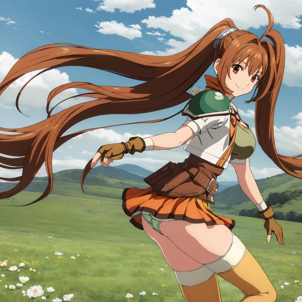 masterpiece, best quality, scEstelle, cropped jacket, green shoulder pad, tan shirt, orange skirt, belt, brown gloves, white thighhighs, (panties),(intricate panties:1.2), from side, wind, outdoors, looking afar, looking to the side, huge breasts, smile