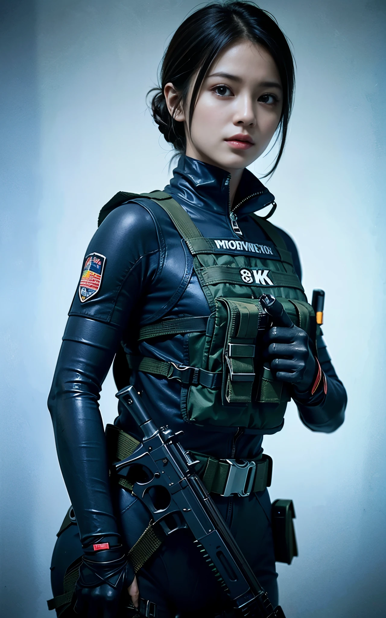 ((Best Quality, 8K, Masterpiece: 1.3)), ((best quality)), photorealistic, photorealism, 1girl aiming with an ak-47 assault rifle, Combat pose, Photorealistic, high resolution, looking to the viewer, (Detailed face), short black hair, red rubber suit, tactical vests, military harness, revealed plump thigh, Gun,black gloves, high-tech headset, Fingers are occluded, concrete wall background,