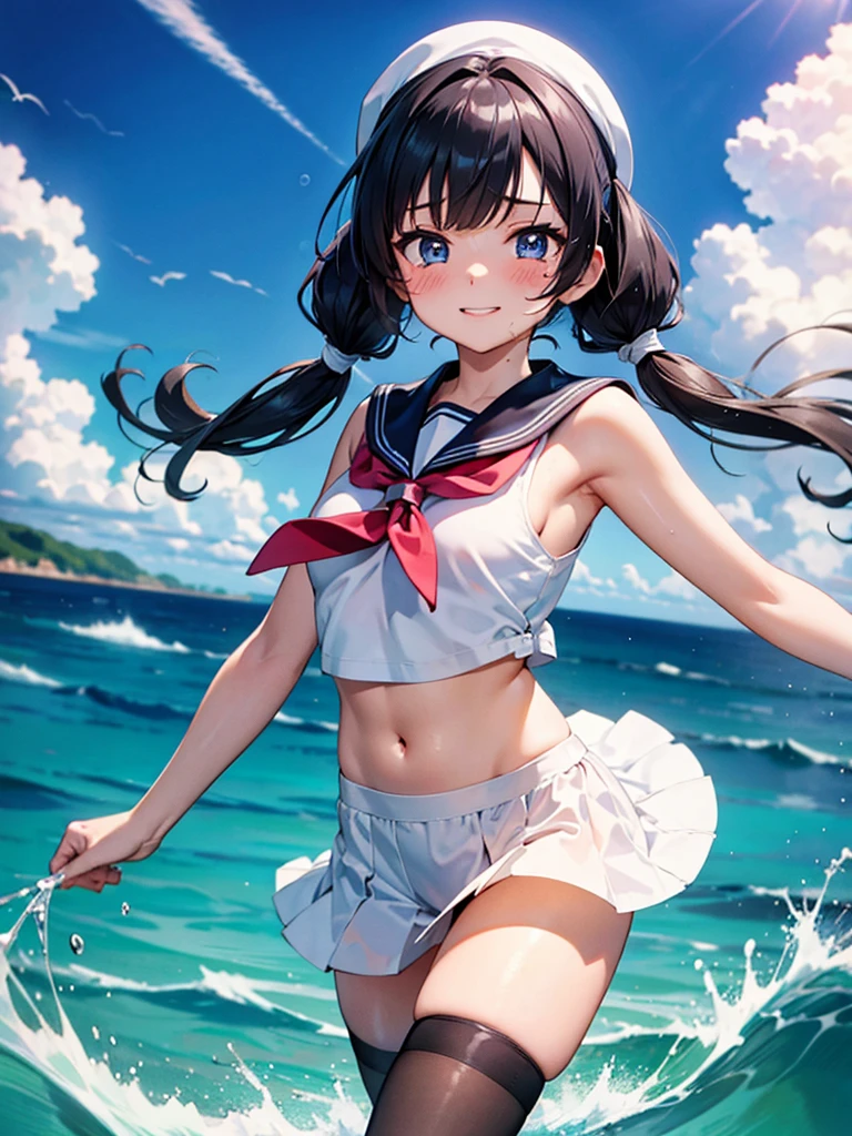 (masterpiece: 1.3), (highest quality:1.4), ultra high resolution, (fine eyes), (detailed facial features), (Detailed features of clothing), HDR, 8K resolution, A high school girl who took off her sailor suit, anime 2d rendering, white headband, smile, black hair, navy blue sailor uniform, black stockings, school scenery, small face, trot, Pigtails, White underwear fully visible、sexy、blush、Watery eye、Are crying