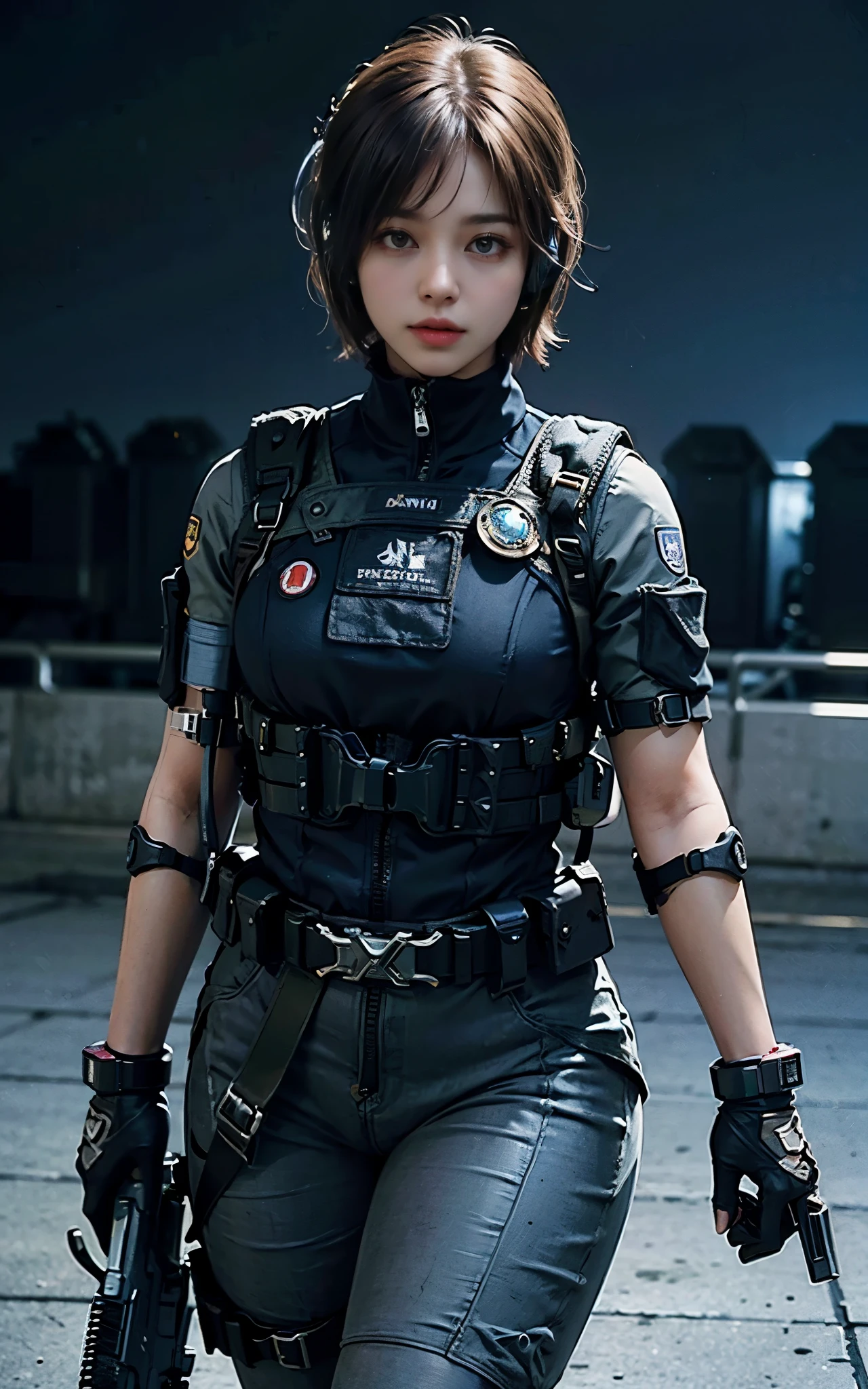 ((Best Quality, 8K, Masterpiece: 1.3)), ((best quality)), photorealistic, photorealism, Photorealistic, high resolution, 1girl aiming with an ak-47 assault rifle, Combat pose, looking at the viewer, (Detailed face), short hair, (wearing red rubber suit, tactical vests, military harness, black gloves, high-tech headset), cloths color based on black dark blue), muscular and plump, revealed plump thigh, Gun, Fingers are occluded, concrete wall background,