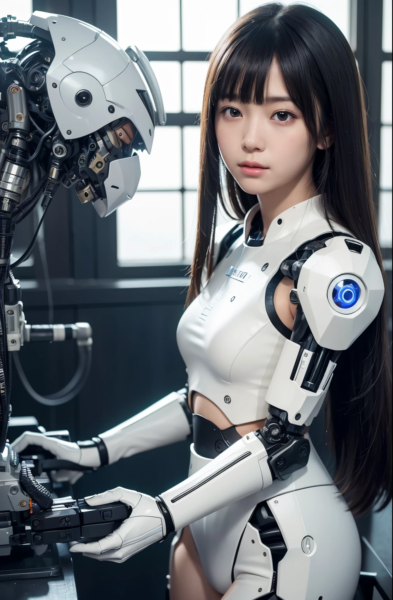 (photorealistic:1.4), (RAW photo)masutepiece, Best Quality, Extremely detailed, (Photorealistic:1.4), (8K, 4K, Best Quality, hight resolution, 超A high resolution:1.1), 8K portrait,Japaese android girl,kids,13 year old,control panels,Mechanical Hand, ,Robot arms and legs, Black hair,Mechanical body,Blunt bangs,White Robotics Parts,perfect ,Charging spot,