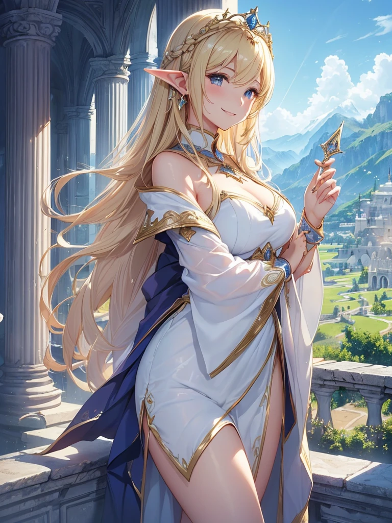 highest quality、Highest image quality、masterpiece、Beautiful super beautiful elf beauty((22 years old OL big bust、bust 90,beautiful long ironed hair、blonde、、slender、Close-up、Esbian、beautiful tiara、High quality、beautiful art、background((clear sky)))muste piece、visual art、Depth of bounds written、low angle of morning sky、、elf ears、、magic of light、space knight、harp melody🎵、A happy smile、gentle light、、Beautiful legs that are gentle on the skin、、back view ticker beautiful decorative、elegant、mystical　rosa、　, beautiful dressy、beautiful dress、、marble columns、Marble Palace、temple of time、Lord of the Ring、Final Fantasy、magnificent town、friendly smile、panorama、Beautiful nature、Magnificent valley、valley、mountains、renaissance art、Raphael&#39;s paintings、cowboy shot 、portrait