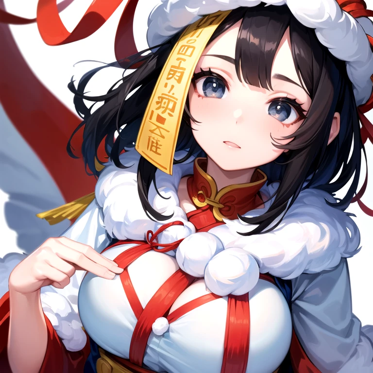 ((highest quality)), ((masterpiece)), (be familiar with), perfect face、Asian Women、National costume、black hair、Flow your bangs from the center、((middle parted bangs))、((Big black eyes))、((White and blue fluffy warm clothes))、red ribbon on the chest、Background snow、((hair tied together)),（(Only 1 woman)）,20th generation women、Chinese.