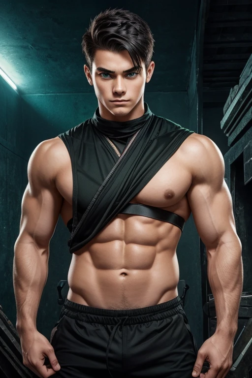 a young male ninja aged 18, athletic and well-muscled body, green eyes, black hair, ninja outfit