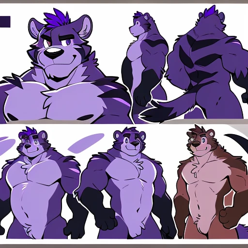 by takemoto arashi, (character expressions sheet, character busts), (1boy), solo, male anthro, kemono, (lavender bear), short purple and white Mohawk, dark purple shins, dark purple, dark purple arms, (((dark purple arms))), dark stripes around chest, one dark purple stripe on back,(brown torso), (round face, big head), hot body, stocky, short stature, chubby, muscle-gut, muscle, hunk, sexy, bara, handsome boy, (detailed hazel eyes), (masterpiece, high res, best quality), 4k, soft skin, warm color