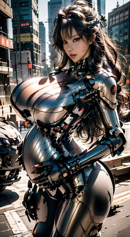 best image quality，excellent details，ultra high resolution，（realism：1.4），best illustrations，Prioritize details，High concentration 1 girl，Exquisite and beautiful face，huge breasts，wearing a black bodysuit，cool locomotive，There is no opening in the chest，Wearing a mecha helmet，Hold the direction controller，ride a motorcycle，full body display，In the background are locomotive tracks、big breasts、Plump、pregnant woman、bike、running in the city、bikeに乗る***二人。