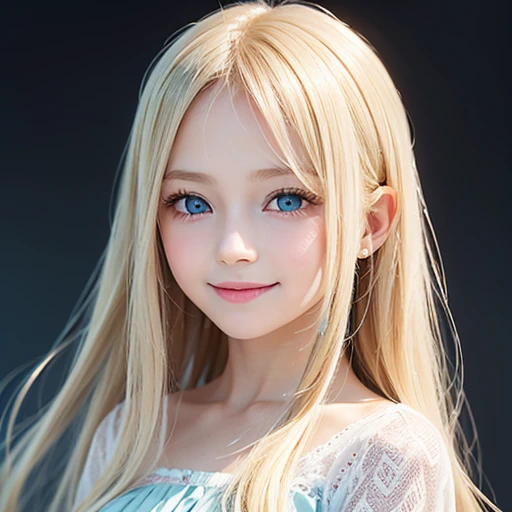 shiny skin、 Very cute and beautiful face、Very shiny and beautiful skin、very beautiful and cute pale blue eyes、beautiful very long shiny silky blonde hair、（10 years old）、one small very beautiful cute girl、Beautiful cute bright look、Clear double eyelids、((Very happy smile))