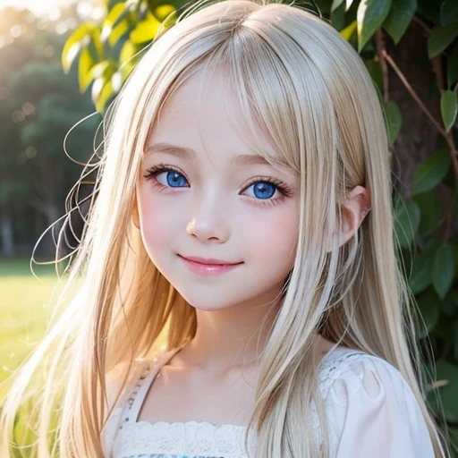 shiny skin、 Very cute and beautiful face、Very shiny and beautiful skin、very beautiful and cute pale blue eyes、beautiful very long shiny silky blonde hair、（）、one small very beautiful cute girl、Beautiful cute bright look、Clear double eyelids、((Very happy smile))