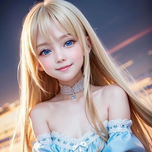 light smile、night、Live shooting、(((Portrait of extreme beauty)))、((glowing skin))、1 girl、 beautiful girl in Prague、((Bright platinum blonde hair))、[Very beautiful bright light blue big eyes]、Shiny glossy skin、silky super long straight hair、eyeliner、Bangs are long、hair between eyes、Dancing blonde、((masterpiece、最high quality、Super detailed、film light、intricate details、High resolution、8K、very detailed))、detailed background、8K UHD、digital single lens reflex、soft light、high quality、film grain、富士XT3 、shallow depth of field、Natural light、（No hands）、Look up、drooping eyes、
