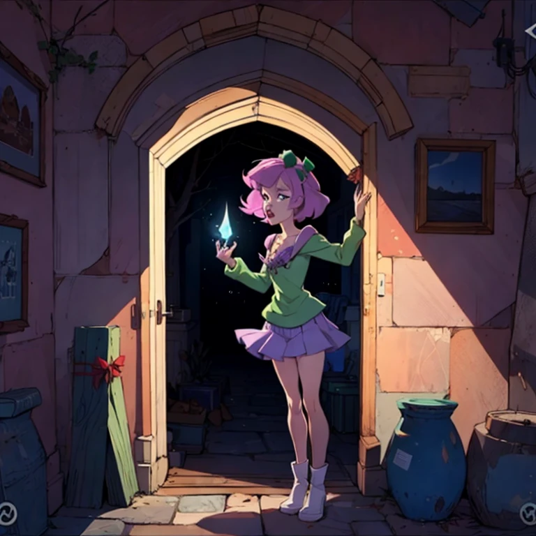 Daphne from Scooby Doo, dark ambient, misterious ambient,1 girl, solo girl, scared