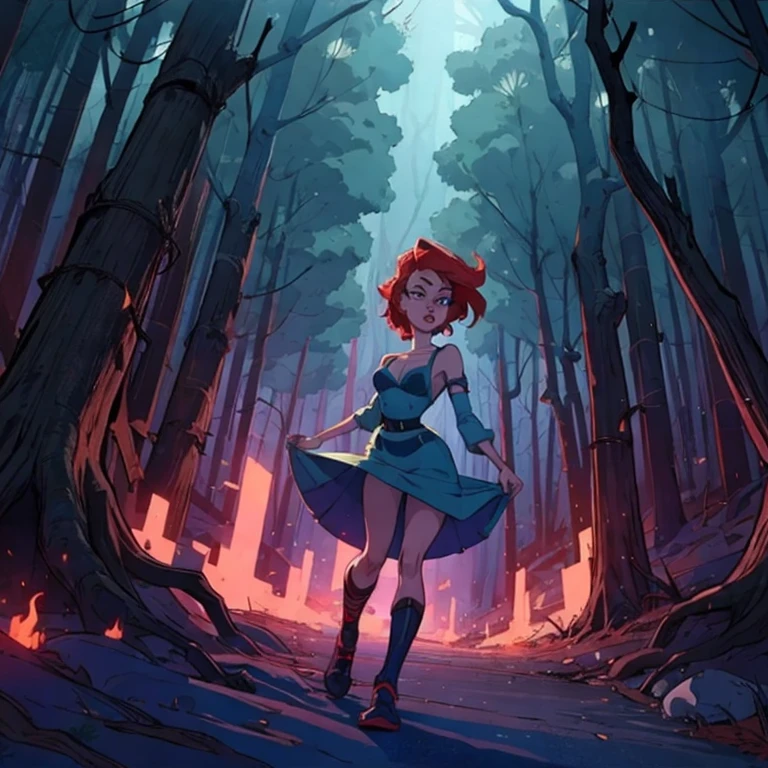 Daphne from Scooby Doo, dark ambient, misterious ambient,1 girl, solo girl, scared