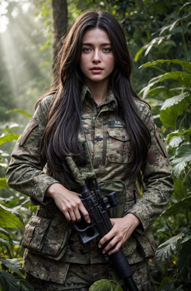 4K image of female sniper hiding in leaves., Wear a ghillie suit., Wear a sniper style camouflage uniform. ,Dark color, Masterpiece, Soft lighting and atmosphere, (god rays)