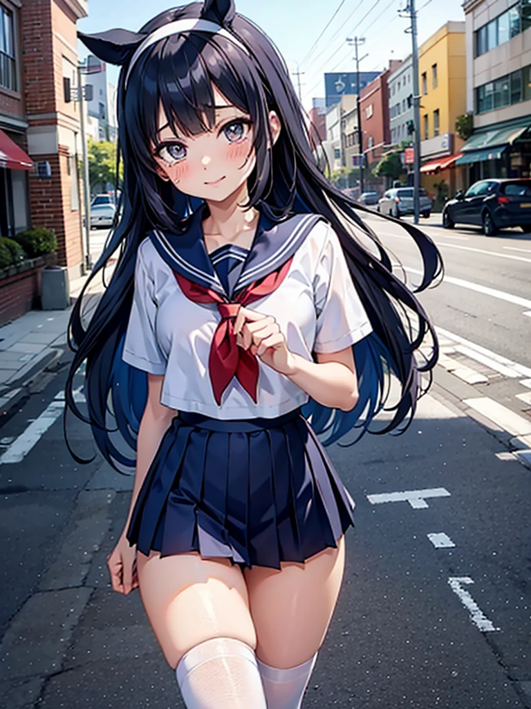 A high school girl who is about to take off her sailor suit, anime 2d rendering, white headband, smile, black hair, straight hair, medium long hair, navy blue sailor uniform, black stockings, school scenery, small face, trot, Fully exposed underwear in the city、sexy、blush、Watery eye、Are crying