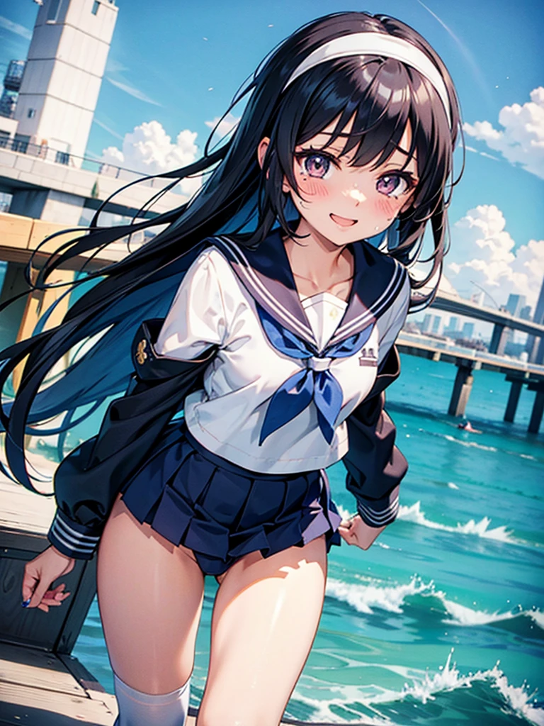 A high school girl who is about to take off her sailor suit, anime 2d rendering, white headband, smile, black hair, straight hair, medium long hair, navy blue sailor uniform, black stockings, school scenery, small face, trot, Fully exposed underwear in the city、sexy、blush、Watery eye、Are crying