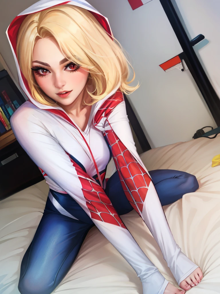 blond woman in spider - man costume sitting on a bed, spider gwen, spider-gwen, spider - gwen, gwen stacy, amouranth as a super villain, ( ( spiderwoman ) ), amouranth, spiderwoman!!, anna nikonova aka newmilky, full-cosplay, better known as amouranth, realistic cosplay, spiderwoman!!!!!, cosplay, wink