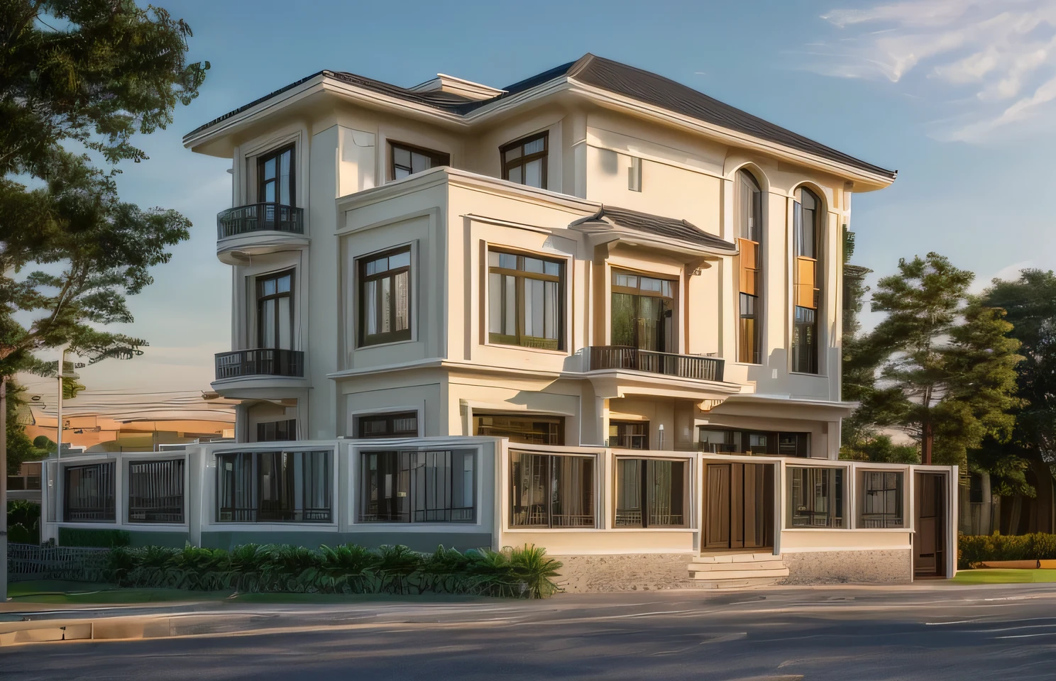 a rendering of a three story building with a balcony and balconies, front view, front elevation view, residential design, front perspective, perspective view, front-view, 3d rendering, 3 d rendering, front elevation, front view dramatic, exterior design, architectural render, front view, architectural concept, with 3 d render, (indochine:1.2), sky, cloud, morning weather, a road in front of house, (realistic:1.3), tree railing, tree 