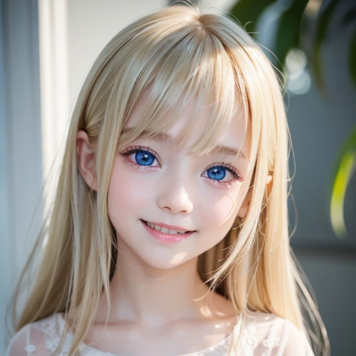 shiny skin、 Very cute and beautiful face、Very shiny and beautiful skin、very beautiful and cute pale blue eyes、beautiful very long shiny silky blonde hair、(10 years old)、one small very beautiful cute girl、Beautiful cute bright look、Clear double eyelids、((Very happy smile))