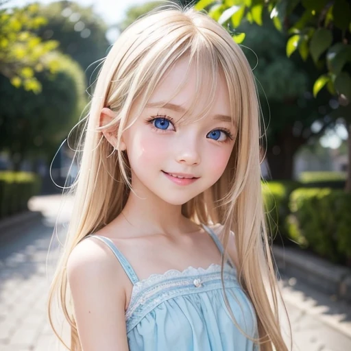 shiny skin、 Very cute and beautiful face、Very shiny and beautiful skin、very beautiful and cute pale blue eyes、beautiful very long shiny silky blonde hair、(10 years old)、one small very beautiful cute girl、Beautiful cute bright look、Clear double eyelids、((Very happy smile))