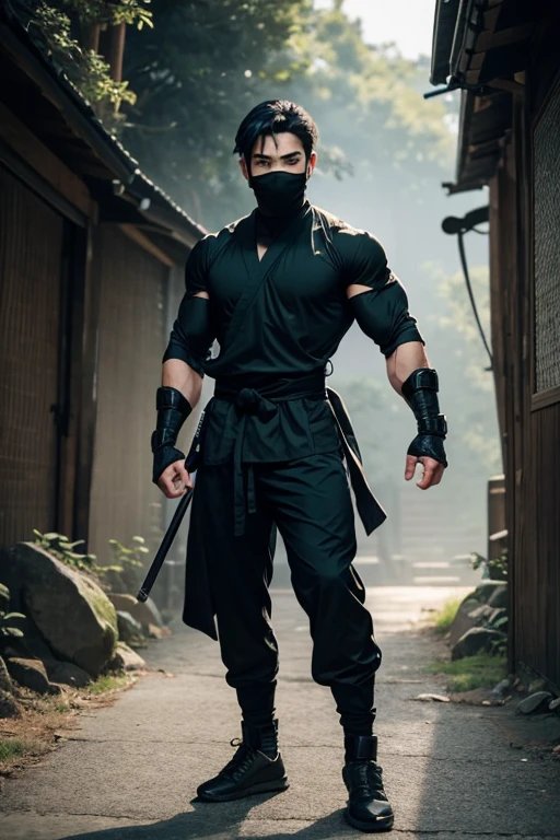 a young male ninja aged 18, athletic and well-muscled body, green eyes, black hair, ninja outfit