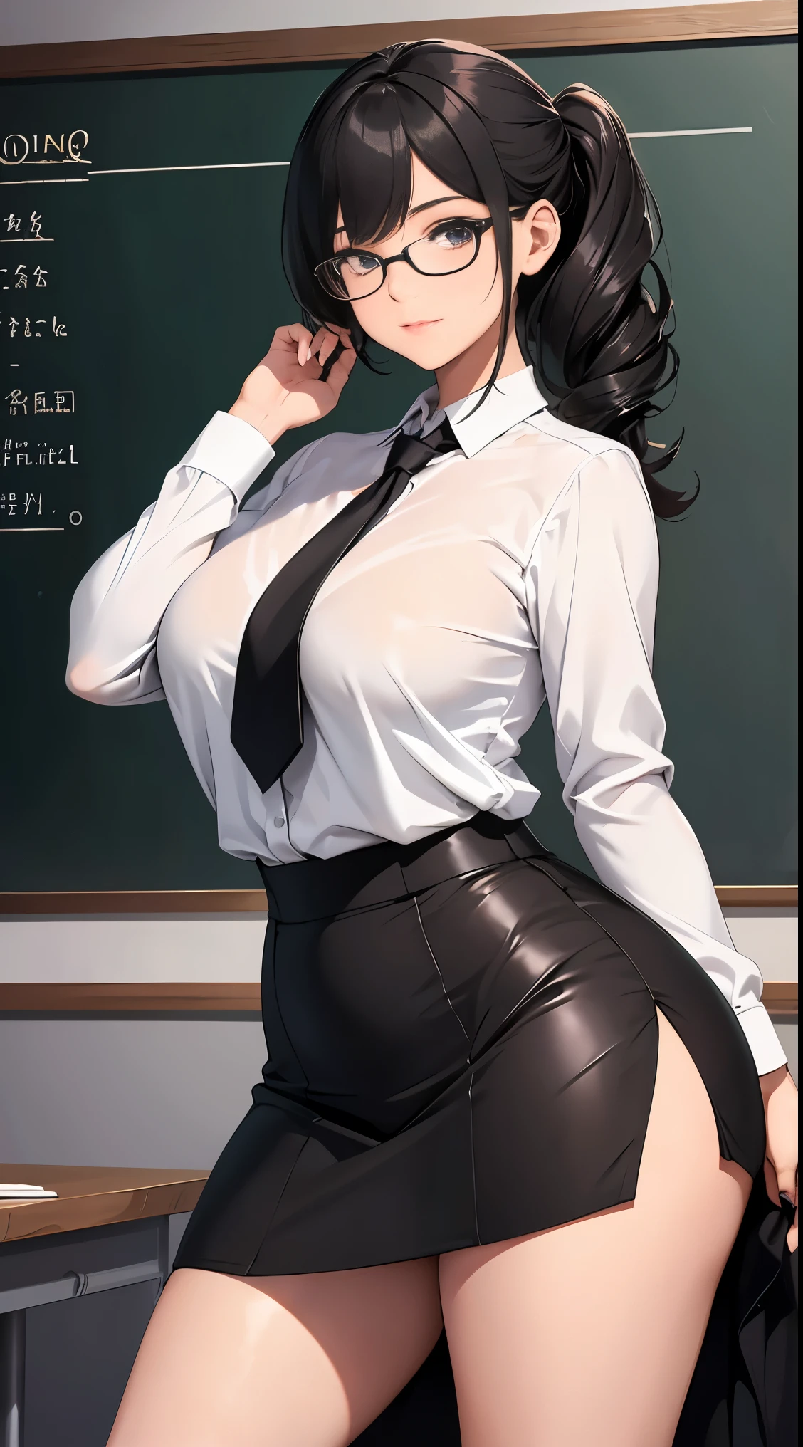 ((best quality,8k,masterpiece:1.4),Ultra-fine details),aldult,curvy,sexy posture,posing, thick hair,black头发,Hair tied up,gold oval glasses, Exterior,( White thin and tight transparent shirt,black领带,Skinny ultra-short skirt with hips,black),huge , shiny smooth skin,Bright and charming eyes, black eyes,Seductive eyes,Redness of the face,long smooth legs,classroom,blackboard,