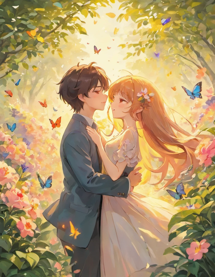 (best quality,4k,8k,highres,masterpiece:1.2),ultra-detailed,(realistic,photorealistic,photo-realistic:1.37),loving couple,beautiful detailed eyes,beautiful detailed lips,2 girls,happy and joyful expressions,tender looks,soft and smooth skin,long flowing hair,stylish and modern clothing,holding hands intimately,dancing in a flower garden,playing with colorful butterflies,smiling with pure happiness,warm sunlight illuminating the scene,lush green grass and vibrant flowers,delicate petals floating in the air,magical atmosphere with soft mist,gentle breeze caressing their cheeks,romantic setting with pink and purple hues,elegant and dreamy,showing affection and love,artistic oil painting style,soft and warm color palette.