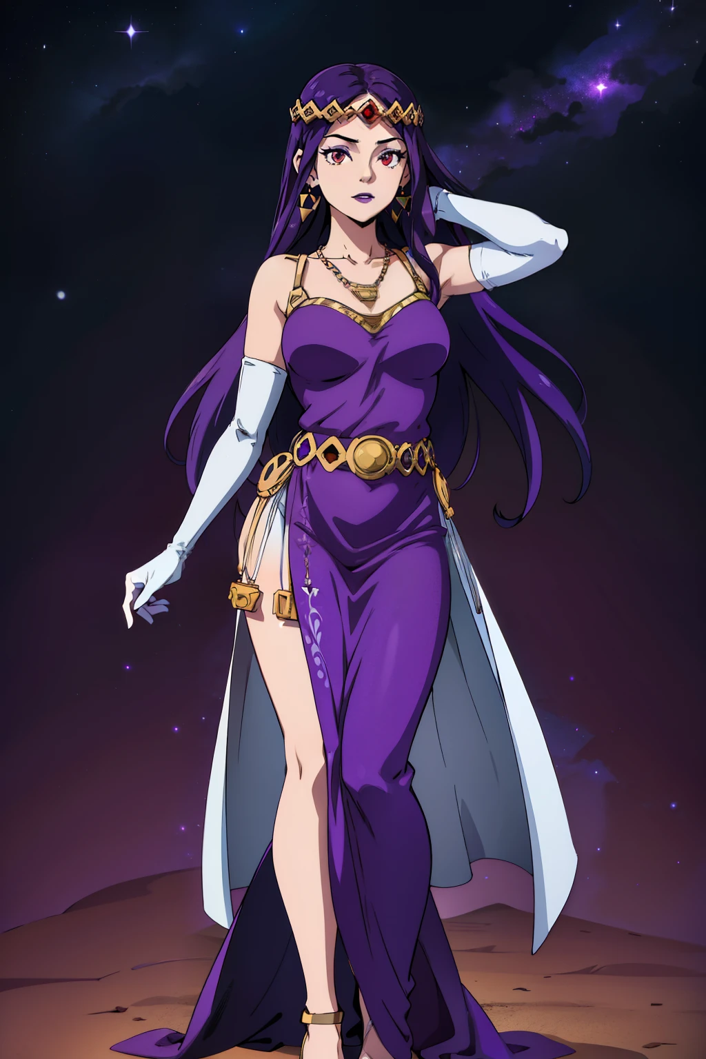 hilda ,purple hair ,purple lips, tiara, red eyes, pruple dress, jewellery, necklace, long white elbow gloves, full body, night sky background, sexy poses