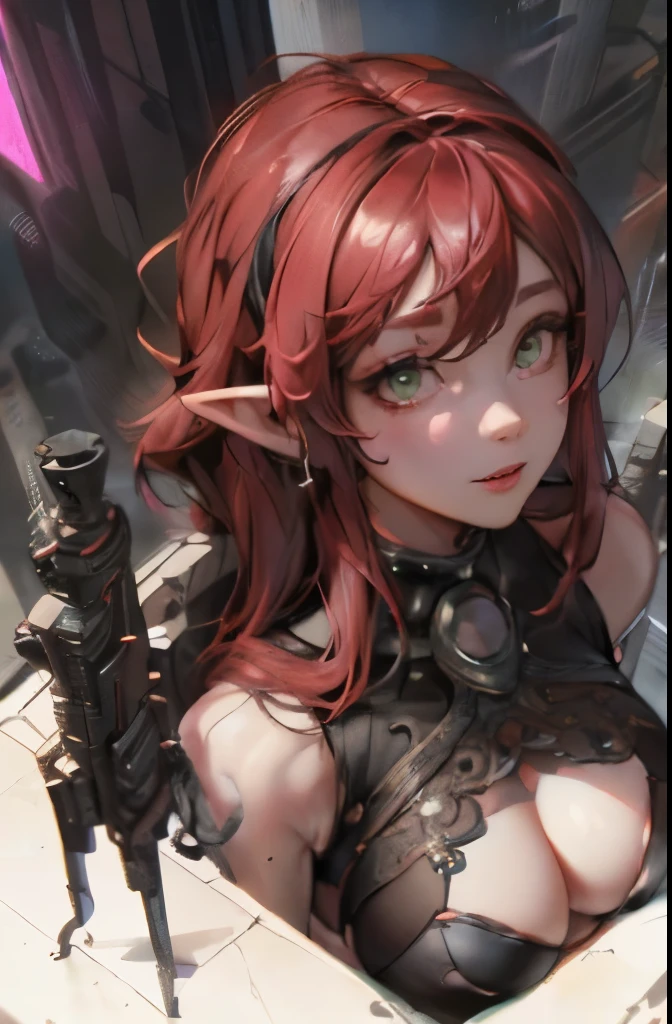 portrait of an Erotic busty orc with a beautiful fit body in a revealing top and miniskirt outfit, underboob, sultry, flirty smile, smooth skin, long hair with highlights, ultra deep v, seductive pose, filigree amillery sleeveless, futuristic, steampunk style, utopian, action pose, sexy pose, body parts, highly detailed, electronic filigree, luminism, cinematic, hauntingly surreal, gothic, highly detailed and intricate, rich deep colors, sf, intricate artwork masterpiece, golden ratio, intricate, epic, insanely detailed zbrush render, 8k artistic photography, photorealistic concept art, soft natural volumetric cinematic perfect light, ((cyberpunk)), mechcore, elfpunk red and white bold colors