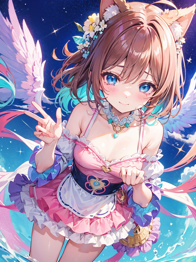 Colorful light background,short fluffy brown hair,Has a clear gum texture with a bright pinkish-purple con pink、Take off yours in blue and white,Yellow and green,Cyan Matching Accessories Pendant Decoration,This is a very sweet and sweet girl, valentine theme, blue eyes, shy smile、Peeing、incontinence、blush、Watery eye、Are crying、sexy、