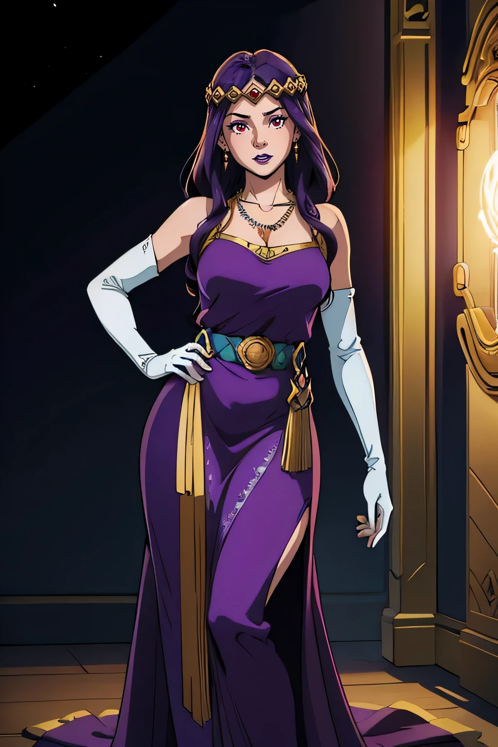 (best quality,4k,high-res,masterpiece:1.2), ultra-detailed, realistic, vivid colors, studio lighting, physcially-based rendering, extreme detail description, professional, HDR, purple-haired girl with red eyes and purple lips, wearing a purple dress with a tiara, adorned with jewelry including a necklace, and long white elbow gloves. She stands with an elegant pose in front of a night sky background, showcasing her full body.