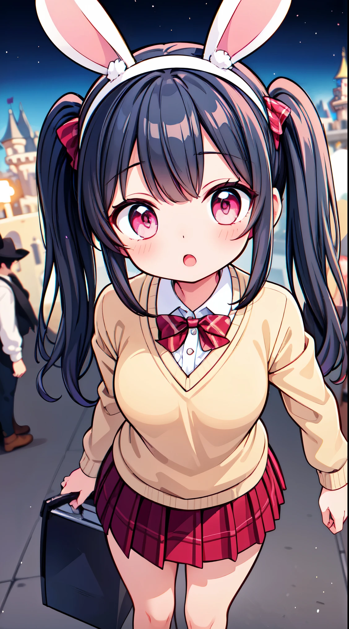 (super fine illustration:1.2),(masterpiece, 8k), (best quality, high quality:1.4), perfect anatomy, hyper detailed, ultra detailed,masterpiece background,beautiful detailed background, v8k wallpaper,perfect design,award-winning art,atmospheric, 


BREAK, 1 beautiful horny girl,alone,(cute type:1.5),(Chibi:0.8),(cute type:1.5),(change:0.5),(horny girl, cute, full of energy, change face,slightly swollen chest),(black hair, pigtails, story me, pink eyes:1.55 ),(full of energy, goofy smile, bad face:1.2),(white bunny ears headband:1.2),,BREAK ,,blue eyes ,short blouse ,tiny shorts ,bare shoulders,  BREAK,

BRAKE (navy and red theme:1.4), wearing ((navy blazer) and a red [[plaid pattern pleated skirt]]:1.5), 
BREAK (beige and white theme:1.3), ((white long sleeve collared-shirt and beige (v-neck wool sweater:1.2):1.1) layered), (v-neck wool beige sweater with white collar:1.2), ((white socks, loafers):1.1),

BREAK  (Disneyland white Cinderella castle behind:1.3),(town street:1.3),(stall, cart:1.25), (Disneyland Parade background:1.3),detailed confetti in the air,festival,(glitter:1.2), (light sparkles:1.2),night scene, (night sky:1.1),fine weather,(Crowded, bustling with people in the distance :1.15),fireworks,


BREAK,wakame,wakame,wakame,(from above,cowboy shot:1.5) , nose blush, heavy breathing, steam, ((:o):1.2),walking,

BREAK, ,(Blurry background:1.3),(absurderes, hight resolution, Super Detail Art),cel shading,Clear Color, Lonely optical effect, Beautiful pictures, Bright glow, mystic atmosphere,(Close-up of girl:0.8), Mystical light particle effect,manga influence, clean line drawings,