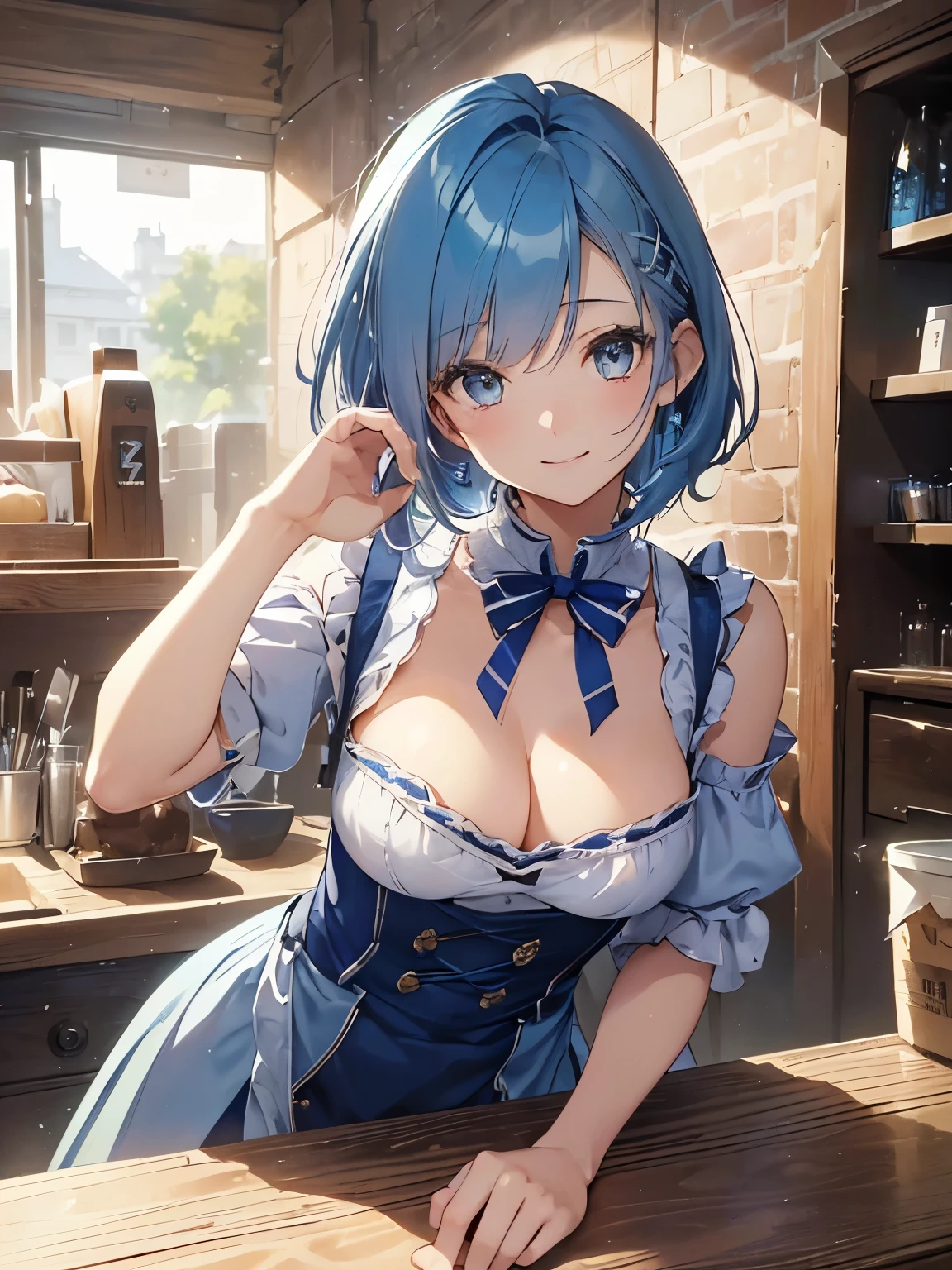 highest quality, High resolution, masterpiece、Front facing、cowboy shot、Cafe clerk、blue haired waitress、(1 girl),(beautiful eyes、drawn in detail、face to detail、masterpieceサイドライト、masterpiece、highest quality、detailed、High resolutionのイラスト),delicate makeup, (Close-up:1.2)、throw、soft focus ground bokeh、smile, ((laugh:1.3)), (wink:1.2), break(Highest quality illustration:1.2), (pretty girl:1.1),(Highest quality illustration:1.2), (pretty girl:1.1), (1 girl:1.5, solo:1.5)、 (1 girl、18-year-old、one pose、、Medium chest:1.5、超detailedな目:1.2)、(beautiful breastue hair:1.5))、(short ha(short bob hair)))、thin waist、small ass、、超High resolutidetailedなアーム:1.2),break is very detailed, Complex, table top, absurd、 ((smooth texture:0.75, realistic texture:0.5, Anime CG style)),
