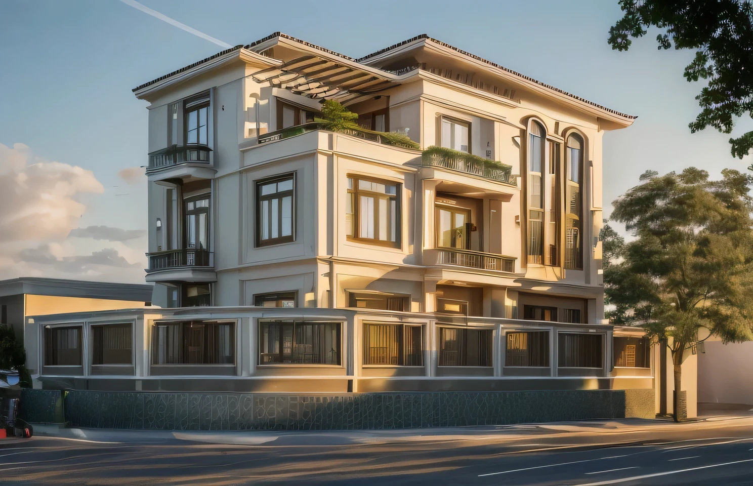 a rendering of a three story building with a balcony and balconies, front view, front elevation view, residential design, front perspective, perspective view, front-view, 3d rendering, 3 d rendering, front elevation, front view dramatic, exterior design, architectural render, front view, architectural concept, with 3 d render, (indochine:1.2), sky, cloud, morning weather, a road in front of house, (realistic:1.3), tree railing, tree 