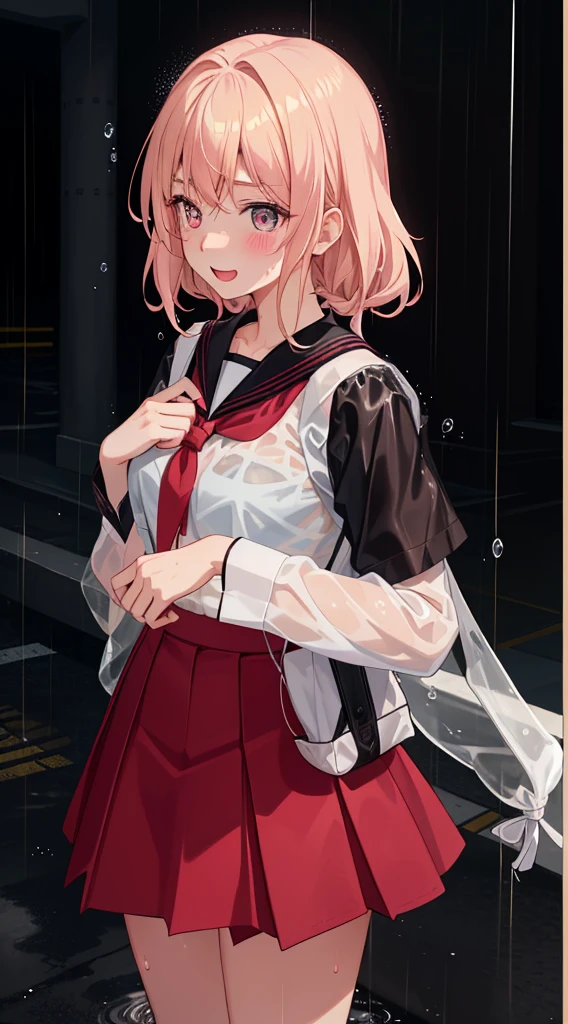 1 girl、laughter、shirt、skirt、（）Chirarism、Japanese high school uniform、serafuku、summer clothes、Run briskly、（sheer bra）、upper body portrait、blonde hair、Wet in the rain in the city、Wet and sheer uniform、Full view of pink underwear、sexy、blush、Watery eye、