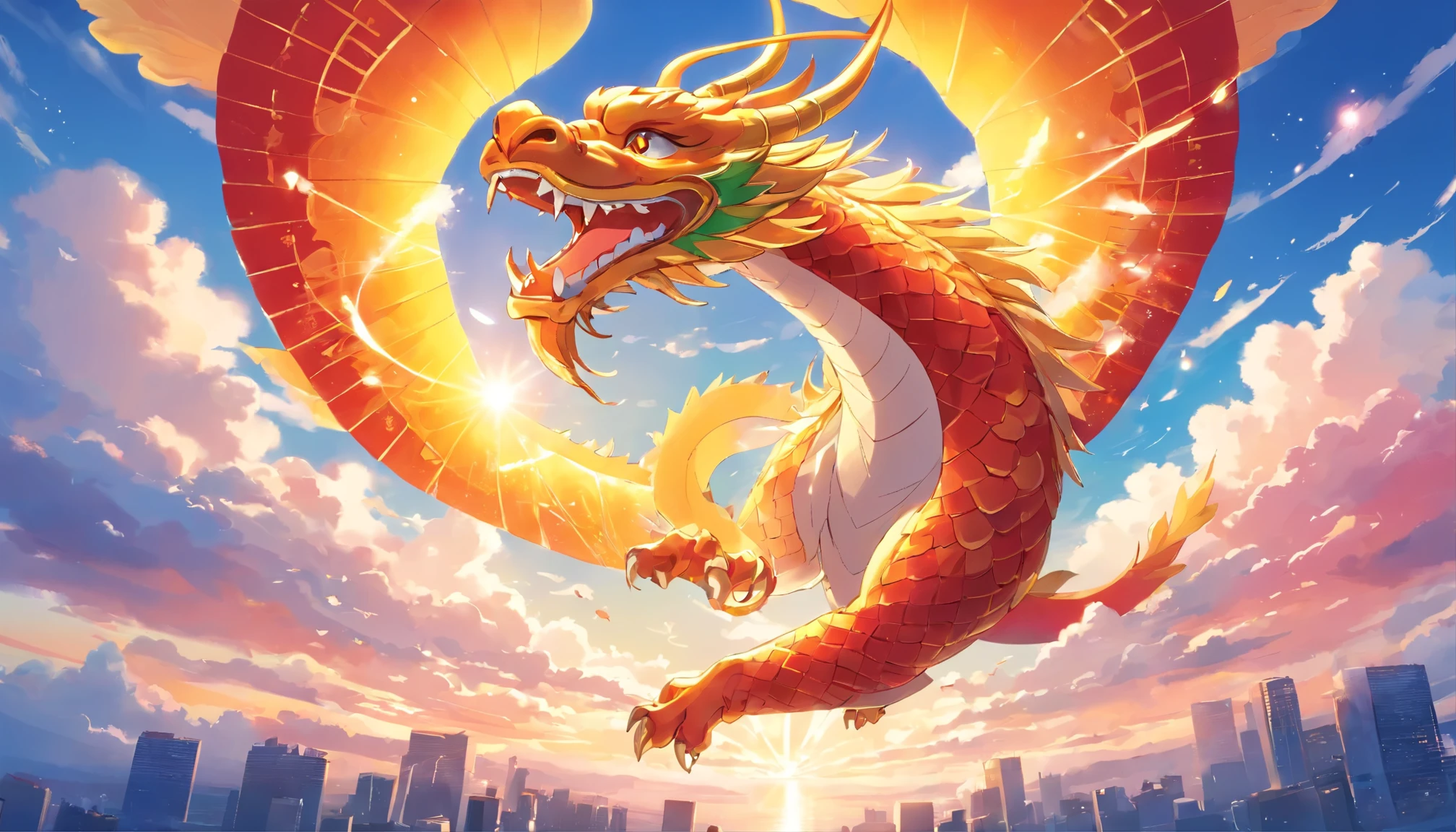 cute gold chinese dragon in sky, cloud, sun, wind, lunar new year, spring flower, red lantern, colorfull background, highest quality, Full HD, happy dragon, 2023, 3d, (paper art, Quilted Paper Art, Geometry), highly colorful, Anime beauty, Extremely colorful, Colorful illustrations, aquarelle((masterpiece))), illustration
