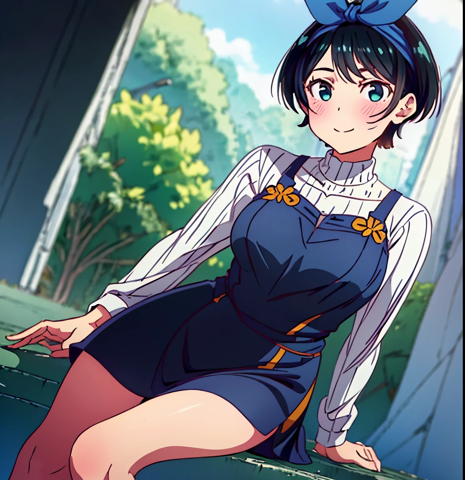 1girl, alone, Ruka sarashina,masterpiece, Best Quality,Illustration, Wallpaper, Ultra Detail, Beautiful detailed eyes,Very thick contour lines、Medium Short-Cut Hair、Short, Braided hair、(student clothes)、Dark hair color、cute smile、Overlooking angle:1.2、small head、ample breasts,pechos grandes, cintura mediana, caderas anchas, muslos medianos, buena anatomía, buenas manos, pelo corto, pelo negro, ojos azules
