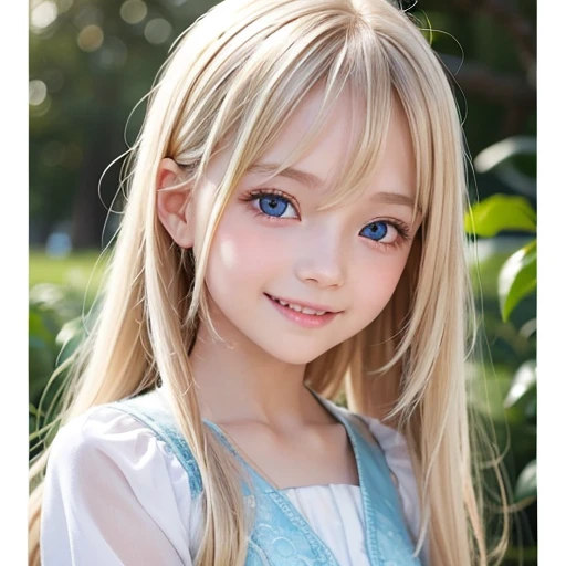 shiny skin、 Very cute and beautiful face、Very shiny and beautiful skin、very beautiful and cute pale blue eyes、beautiful very long shiny silky blonde hair、（10 years old）、one small very beautiful cute girl、Beautiful cute bright look、Clear double eyelids、((Very happy smile))