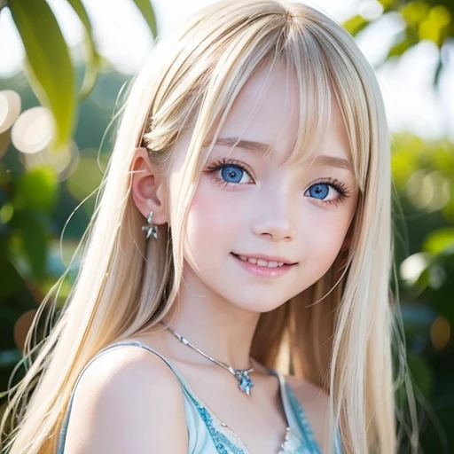 shiny skin、 Very cute and beautiful face、Very shiny and beautiful skin、very beautiful and cute pale blue eyes、beautiful very long shiny silky blonde hair、（10 years old）、one small very beautiful cute girl、Beautiful cute bright look、Clear double eyelids、((Very happy smile))