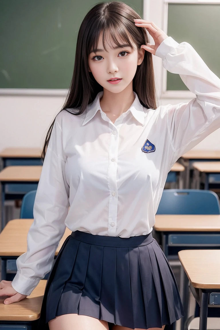 最高qualityのdetailed:1.2, realistic, 8K UHD, High resolution, 1 girl:1.2, The 超detailedな, 高qualityのテクスチャ, intricate details, detailed, Very detailed CG, 高qualityの影, Beautiful and delicate face in every detail, Beautiful and delicate eyes in every detail, Depth of bounds written, ray tracing, Women over 24 years old, cute kpop girl, Korean Ulsan Face:1.1, narrow side, Ulchan-6500-v1.1:0.6, Pueros face_v1, glow eye, cheek, glossy lips, perfect body、((in a high school uniform))、very cute face,(YDark blue mini pleated skirt on shirt、Underwear under clothes、、white panties)、fascination pose、spread your legs wide、((The wind flips up her skirt、Exposing her panties.:1.2,)),sharp focus:1.2,cute woman with perfect figure:1.4,best smile,,camel toe、Photoreal:1.4, 超detailedな, realistic写真, Full color RAW photo, fujifilm(Medium format:1.2), hasselblad:1.2, carl zeiss:1.1, Incredible dynamic range photography(utility_Art by Smooth-768:1.1), High resolution, High pixel count, 明確なdetailed, clear image, natural color reproduction, noise reduction, high fidelity, quality, Software improvements, upscaling, Optimized algorithm, professional level retouching、(((school classroom)))