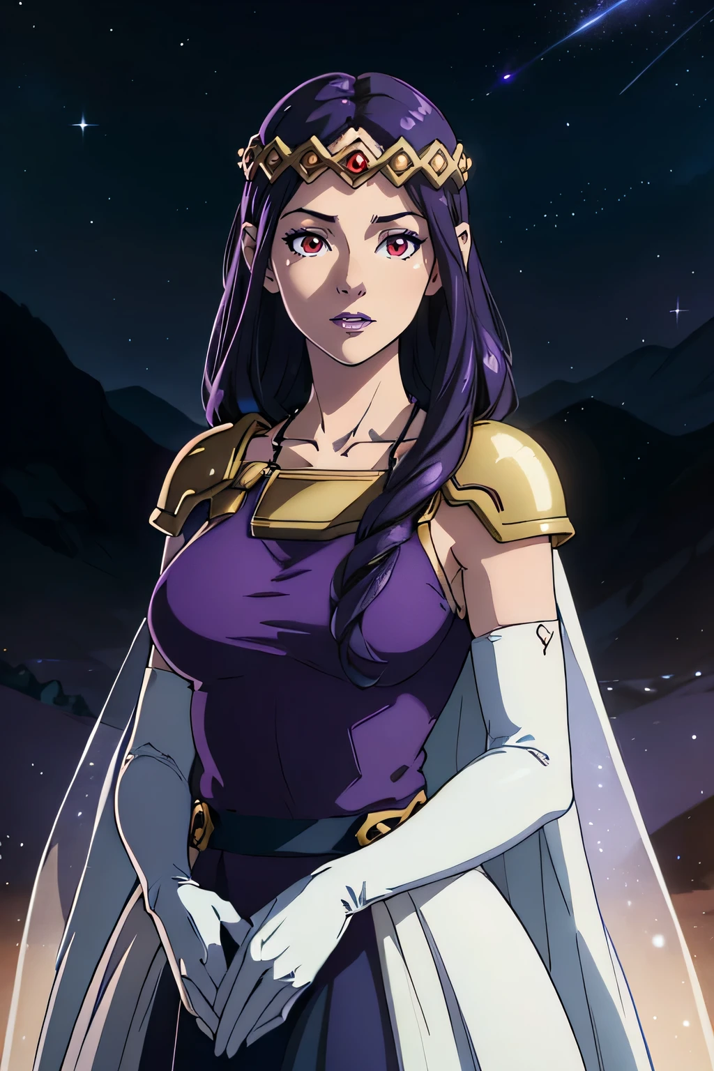 hilda,purple hair,purple lips,tiara,red eyes,purple dress,jewellery,necklace,long white elbow gloves,full body,night sky background,(best quality,4k,8k,highres,masterpiece:1.2),ultra-detailed,(realistic,photorealistic,photo-realistic:1.37),HDR,UHD,studio lighting,ultra-fine painting,sharp focus,physically-based rendering,extreme detail description,professional,vivid colors,bokeh,portraits,landscape,horror,anime,sci-fi,photography,concept artists,colorful,fairy tale,soft and dreamy lighting,sparkling stars and constellations,peaceful and calm atmosphere,luminous moonlight