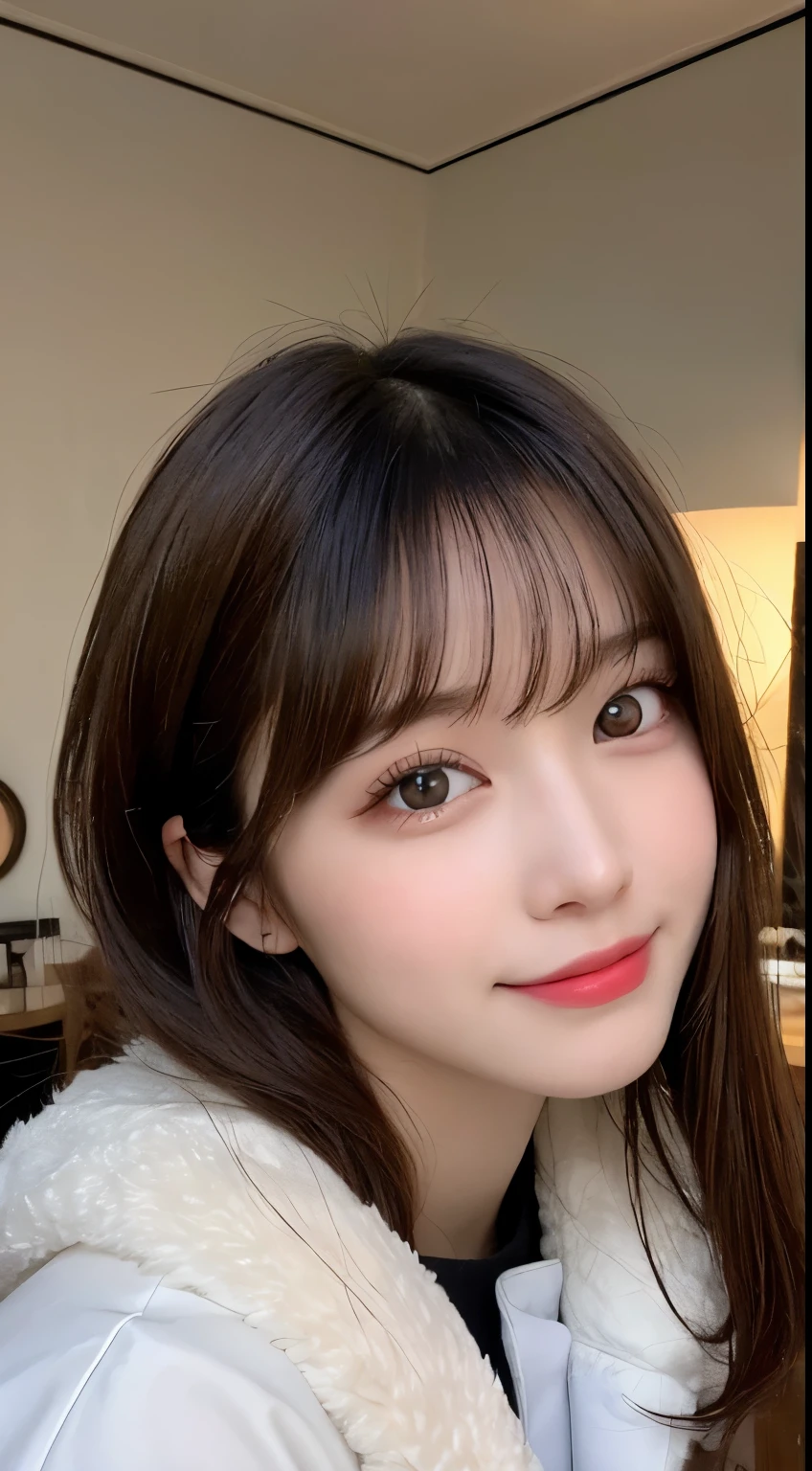 table top, highest quality, shape, Super detailed, finely, High resolution, 8k wallpaper, 完璧なダイナミックな構shape, beautiful and detailed eyes, tokyo trend冬ファッション,tokyo trend&Introducing cute hairstyles at random, small breasts, natural color lip, random sexy pose,cute smile,20 year old girl、beautiful and detailed face、perfect and beautiful face,Big eyes、Wear fluffy black outerwear with fur、beautiful detailed face、perfect and beautiful double eyelids、blur the background、perfect and beautiful face、Feminine poses、blur the background、Luxury Apartment(living room)