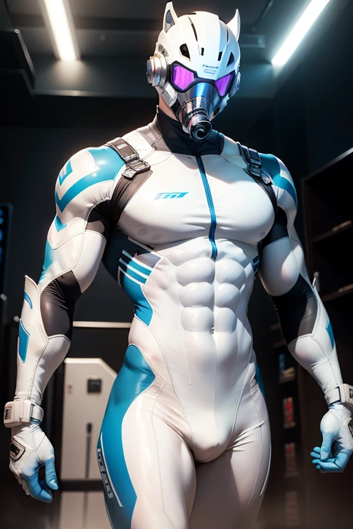 "tight-fitting bodysuit, white and blue suit, futuristic white gloves, athletic male, ager, young man, mask, tight-fitting pants, futuristic, sci-fi, athletic male, gas mask, visible hands, visible hair, muscular, nipples, bulging, fixed tools, face covered by a mask, pale skin, looking at tools"