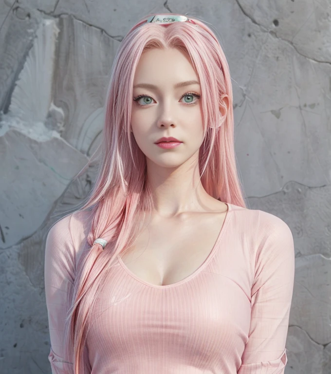 young woman, white skin, long bubblegum pink hair, wide forehead, pink eyebrows, large emerald green eyes, upturned nose, thick red lips, heart-shaped face, white clothing, high detail, sharp focus, Sakura Haruno, realistic, realism , 3d