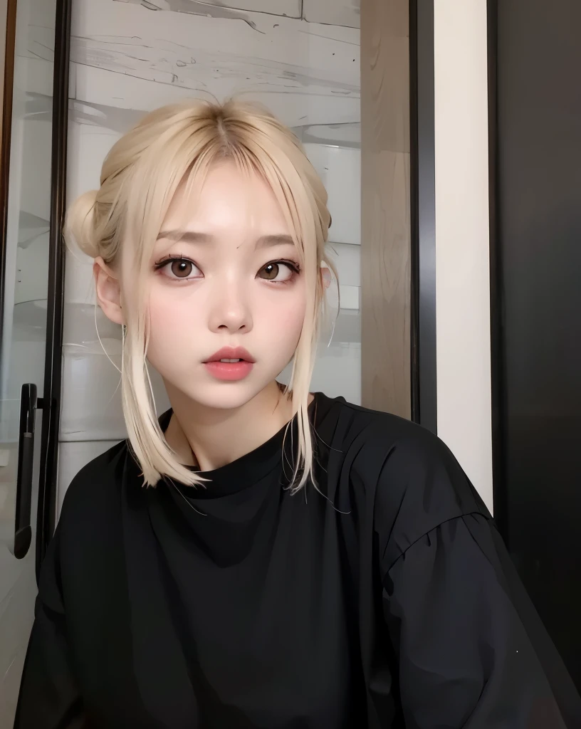 Mujer arafed con cabello rubio y camisa negra posando para una foto., ulzzang, peinado de corte hime blanco, Lalisa Manobal, linda cara de anime natural, pale round face, maquillaje popular de corea del sur, chica anime en la vida real, el corte de hime, korean symmetrical face, joven y adorable rostro coreano, muchacha coreana, Lalisa Manoban de Blackpink