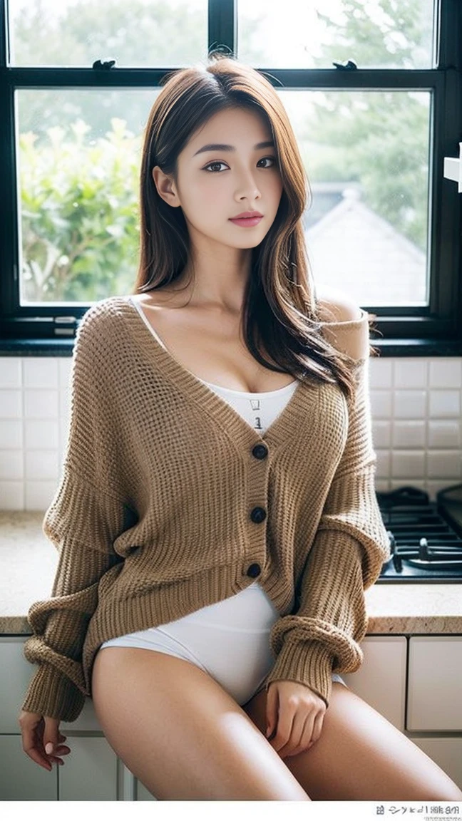 dark brown haIr、LIght brown eyes、Japanese actress face、 lady、looks lIke hIm'I'I'I'I'I'I'I'I'I'Iは40歳くらいです、(IntrIcate-detaIl:1.2)、(top-qualIty:1.4)、 (超A hIgh resolutIon:1.2)、超A hIgh resolutIon、(A detaIled eye)、(detaIled facIal features)、nffsw、8K resolutIon、D-cup sIze breasts、long hair、one piece lounge set ,The photo has a lot of background、people々々々Looks small、Kitchen bathed in fresh morning light、Kitchen with light shining in、white wall、white kitchen、cooking in the kitchen、making breakfast、beautiful feet、Beautiful natural scenery seen from the window、