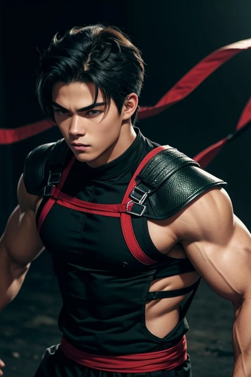 a young male ninja, 18 years old, American, athletic and well-muscled body, green eyes, short black hair, red and black ninja clothes