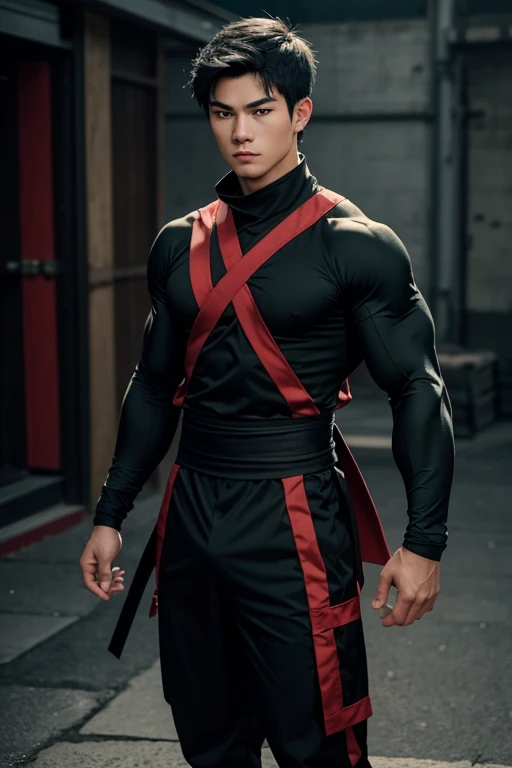 a young male ninja, 18 years old, American, athletic and well-muscled body, green eyes, short black hair, red and black ninja clothes