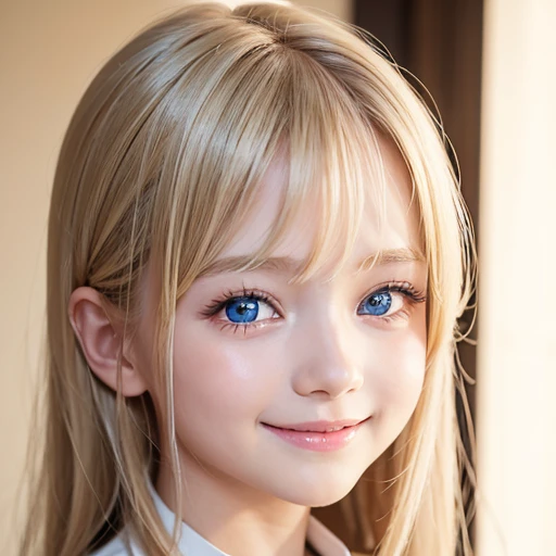 shiny skin、 Very cute and beautiful face、Very shiny and beautiful skin、very beautiful and cute pale blue eyes、beautiful very long shiny silky blonde hair、（10 years old）、one small very beautiful cute girl、Beautiful cute bright look、Clear double eyelids、((Very happy smile))