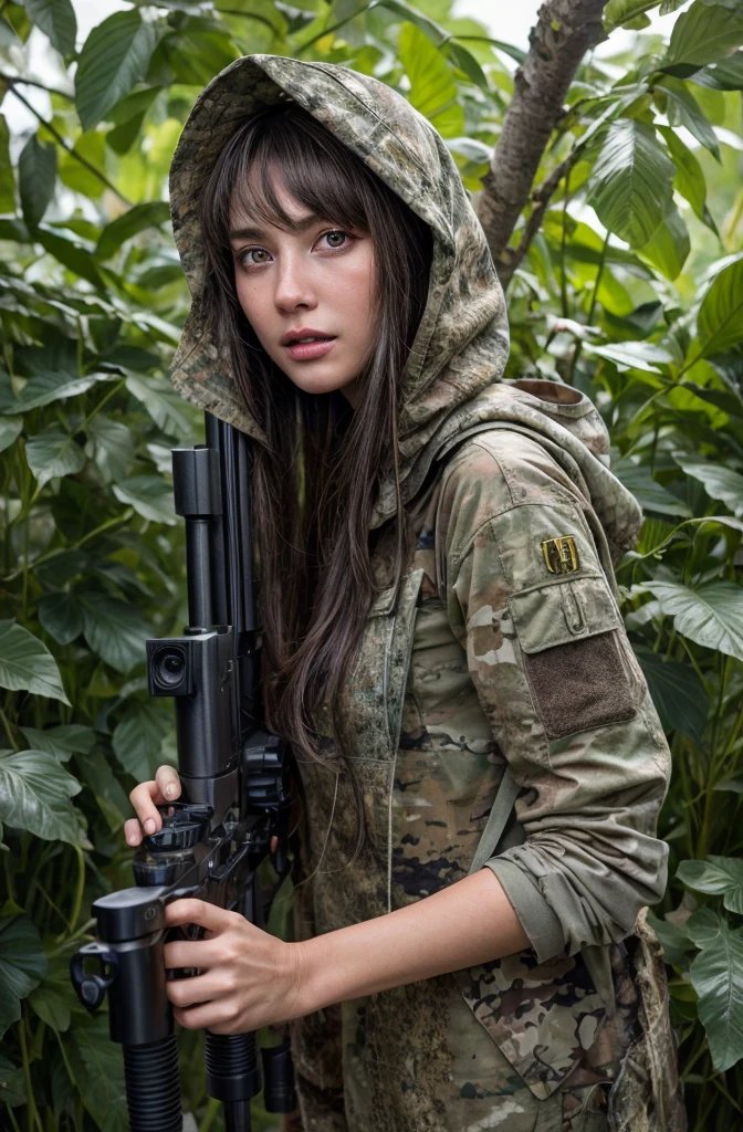 4K image of female sniper hiding in leaves.., Put on a Gilly outfit.., Wear sniper style camouflage. , Sniper camouflage Ghillie Suit, dark color, Masterpiece, Soft light and atmosphere, (god rays)